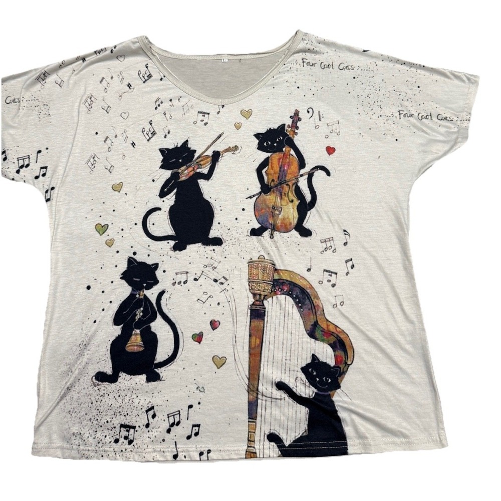 Unbranded Whimsical Cats Music Graphic Tee Women's V-Neck Dolman  Art Print L/XL